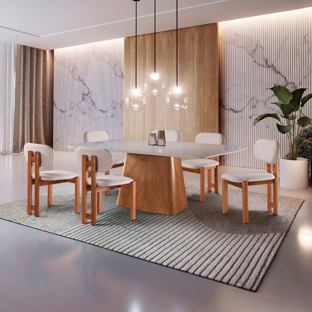 Conjunto Sala de Jantar 6 Lugares Lotus - Mesa e Cadeiras Orgânicas Madeira Maciça Linho