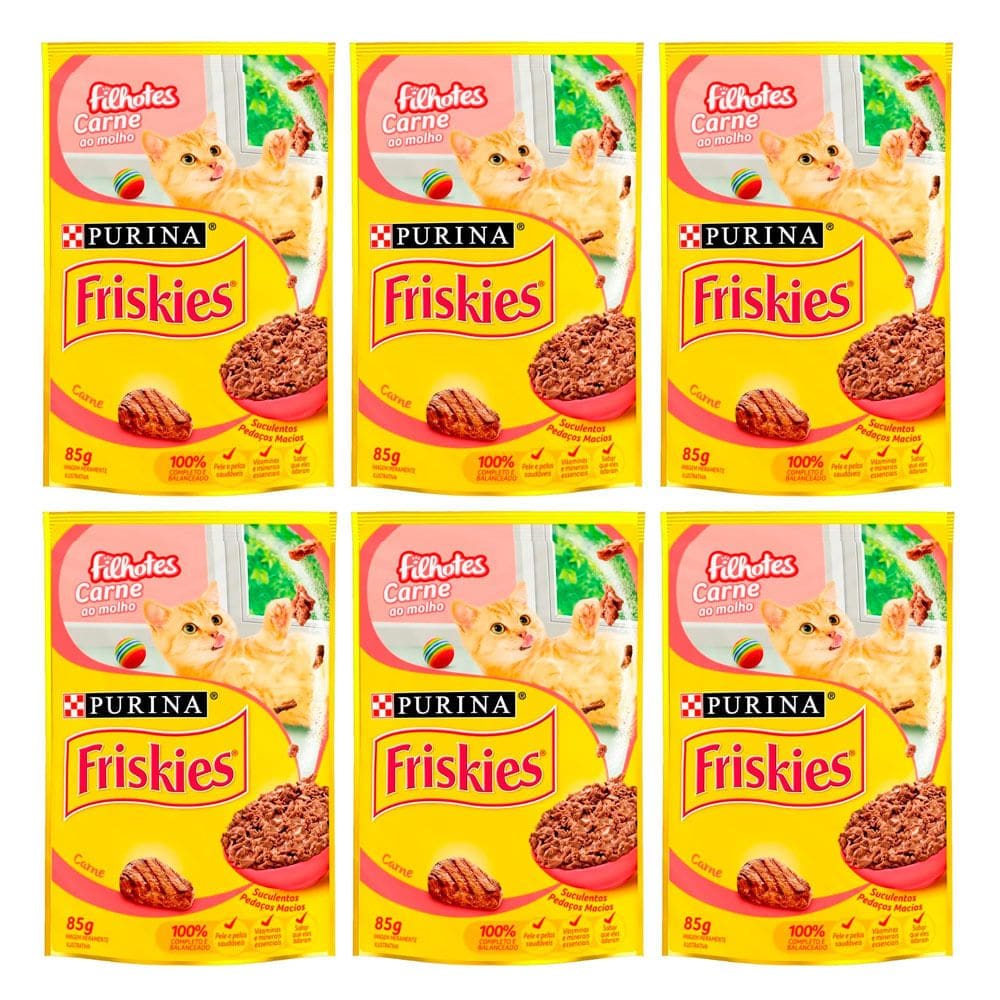 Kit 6 Ração para Gatos Friskies Filhotes Sachê Sabor Carne ao Molho com 85g