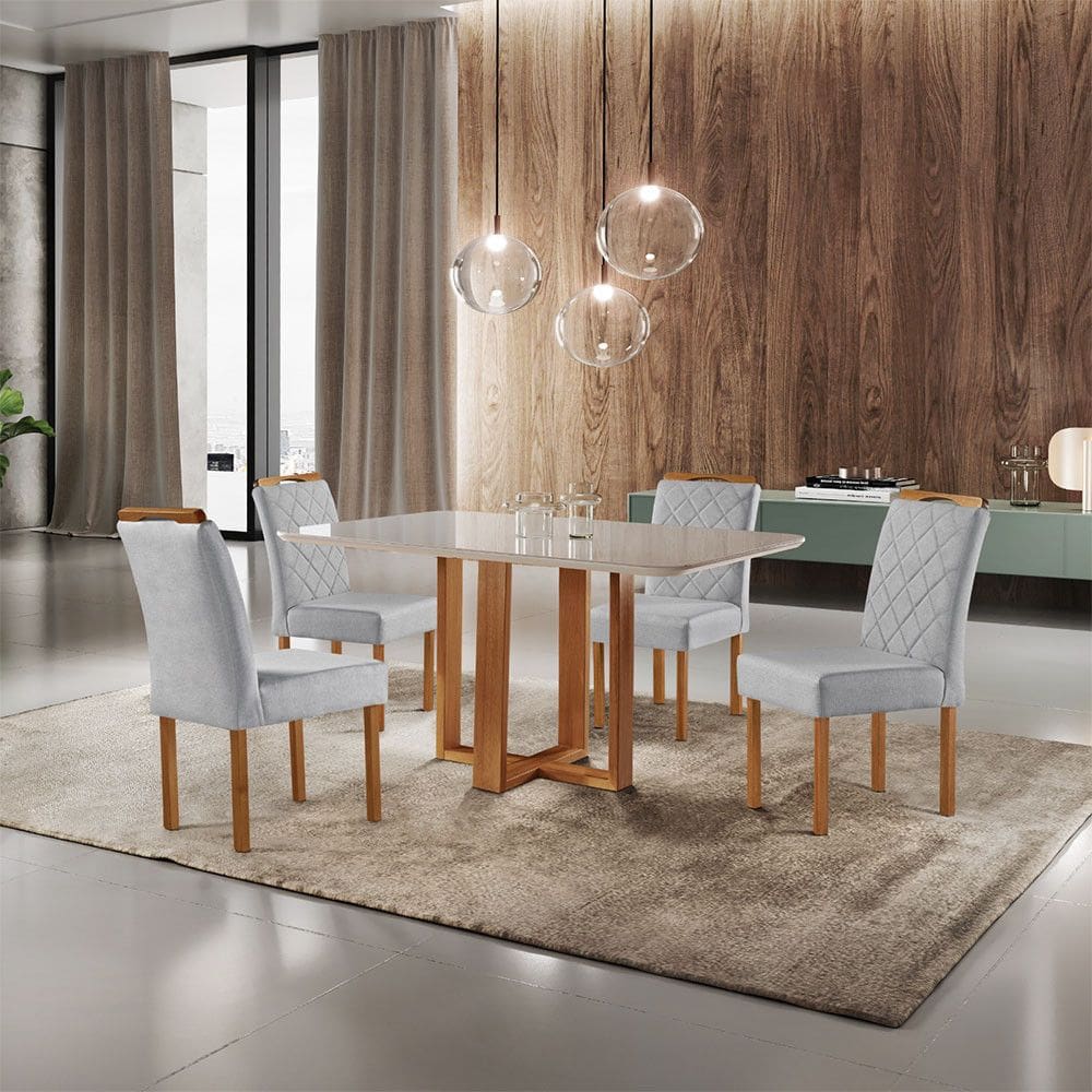 Conjunto Sala de Jantar Mesa com 4 Cadeiras Madeira Macica Havana Linho Moveis Mix