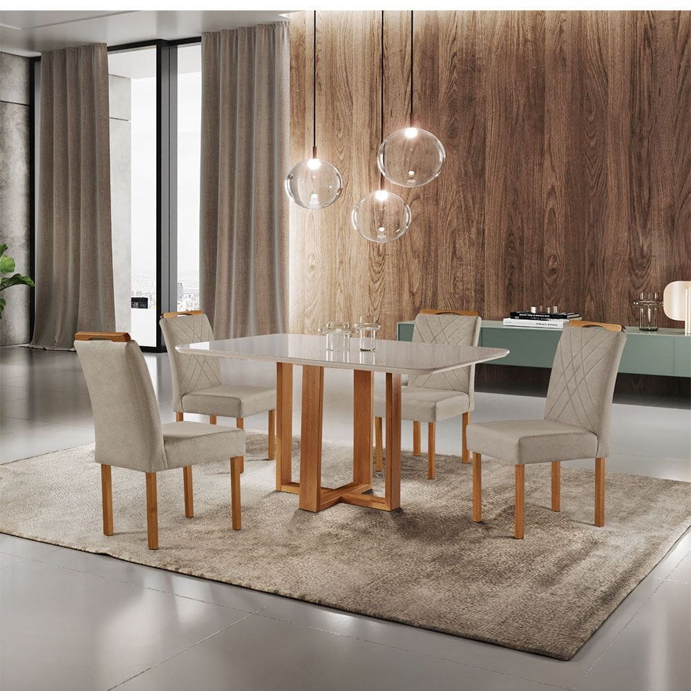 Conjunto Sala de Jantar Mesa com 4 Cadeiras Madeira Macica Prada Linho Moveis Mix