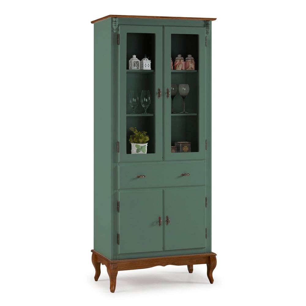 Cristaleira 4 Portas 2 Prateleiras 1 Gaveta e Pés Luiz XV 60308 Linz Móveis - Verde Musgo/Imbuia Glazer