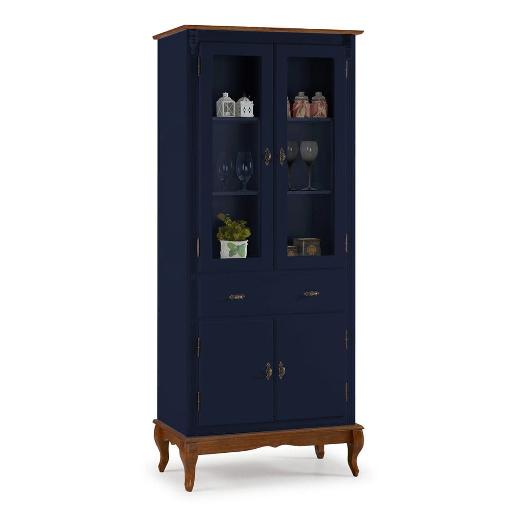 Cristaleira 4 Portas 2 Prateleiras 1 Gaveta e Pés Luiz XV 60308 Linz Móveis - Azul Petróleo/Imbuia Glazer