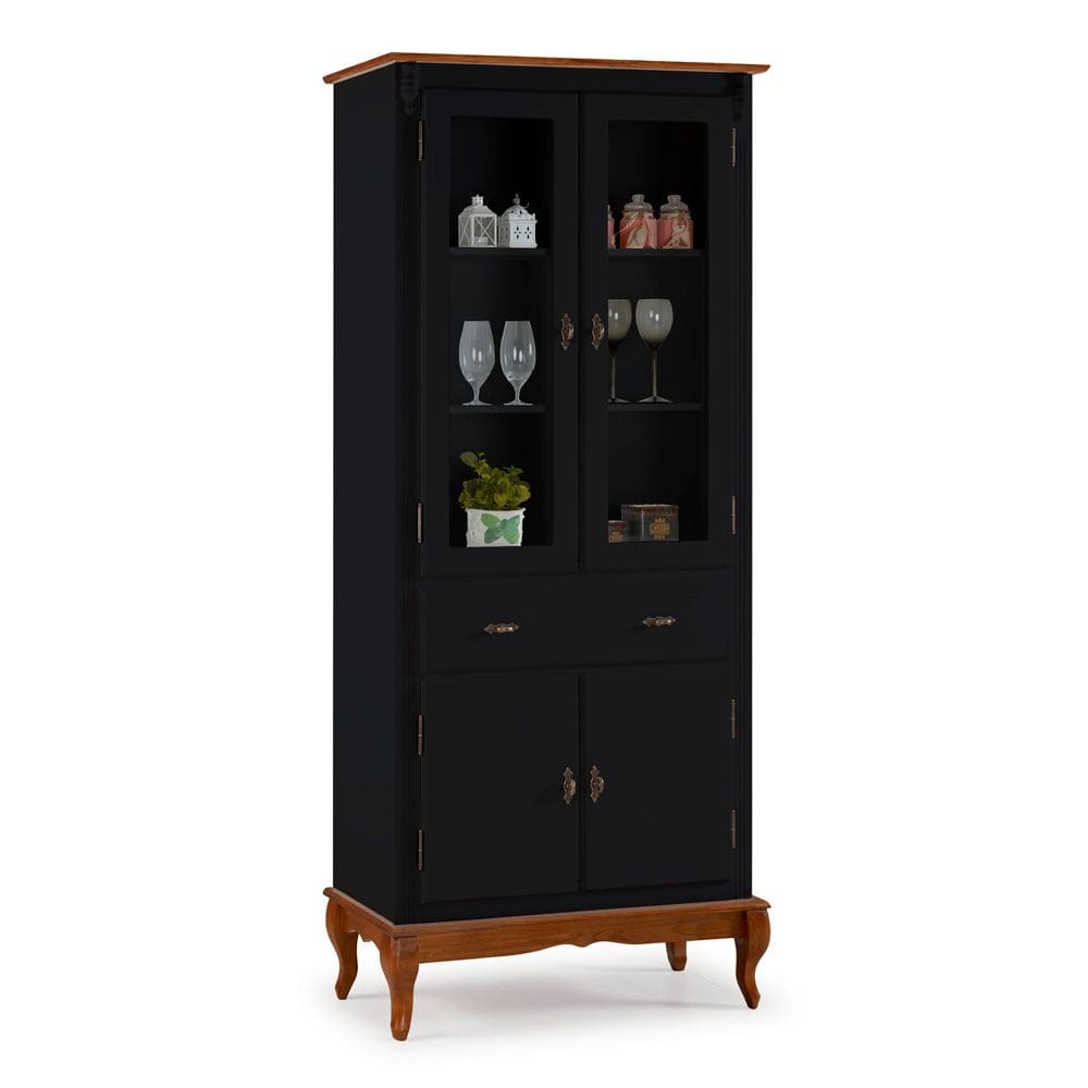 Cristaleira 4 Portas 2 Prateleiras 1 Gaveta e Pés Luiz XV 60308 Linz Móveis - Preto/Imbuia Glazer