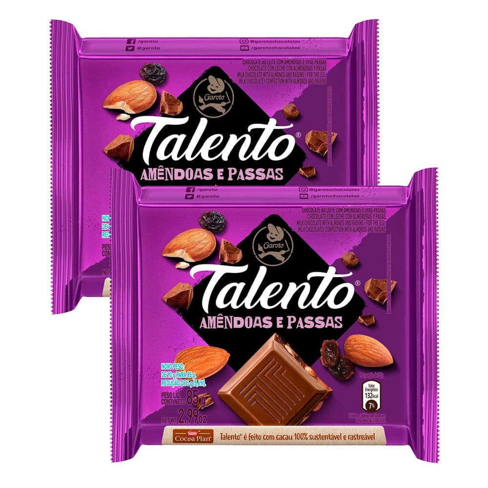 Kit 2 Chocolate Garoto Talento Amêndoas e Passas 85g