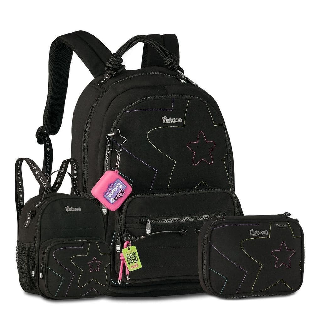 Mochila Luluca Com Lancheira E Estojo Kit Escolar Preto