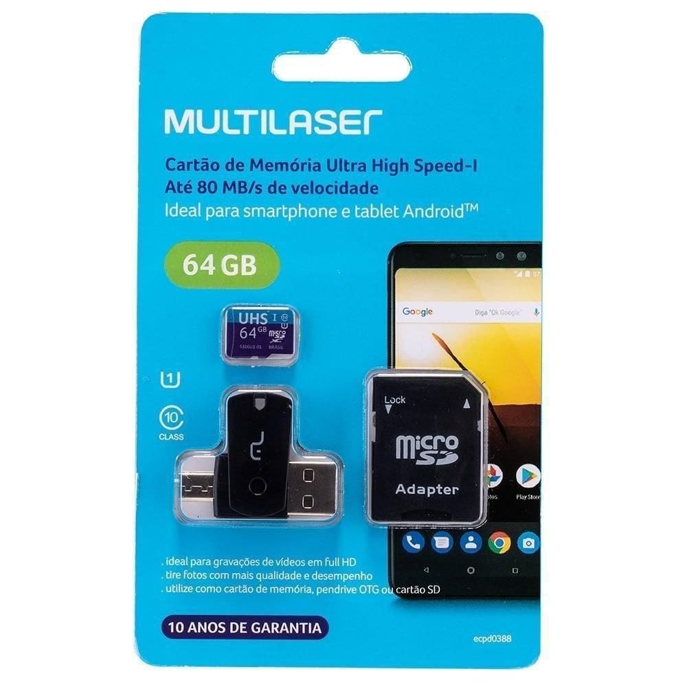 Adaptador Dual para Celular e USB com SD 64gb Classe 10