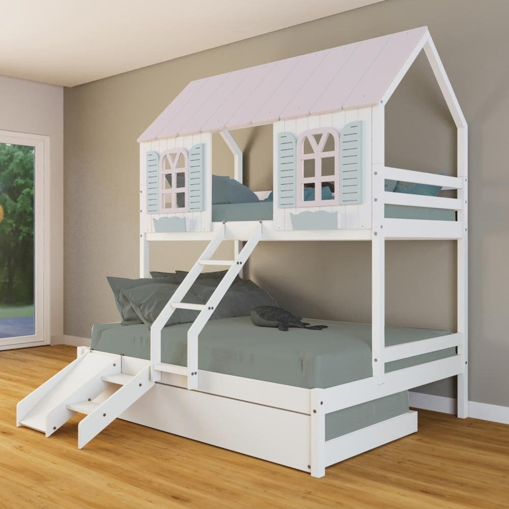 Treliche Casal/ Solteiro Casinha Bela com Kit Escada/Escorregador - Madeira Maciça Branco/Rosa/Verde | Housin