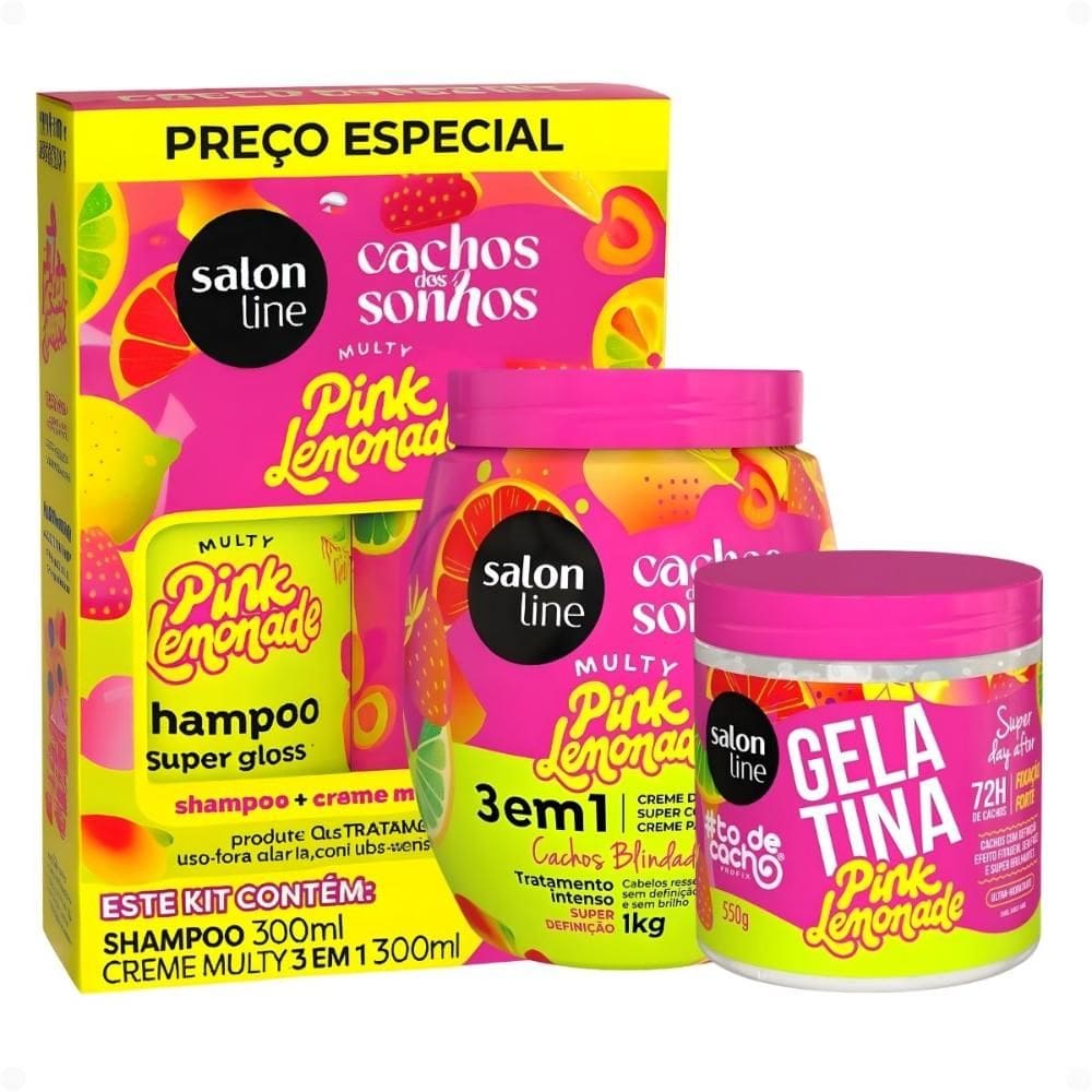 Kit Salon Line Pink Lemonade Cachos Dos Sonhos: Shampoo, Creme Multy, Creme Capilar 1kg e Gelatina Capilar 550g