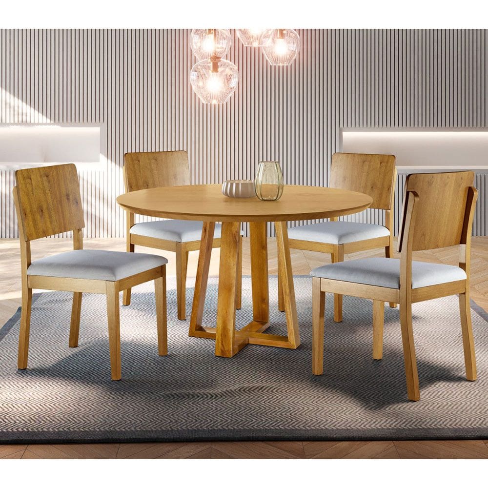 Conjunto Sala de Jantar Vitoria 4 Lugares Mesa Redonda 1,2m e 4 Cadeiras Madeira Maciça Móveis Mundial