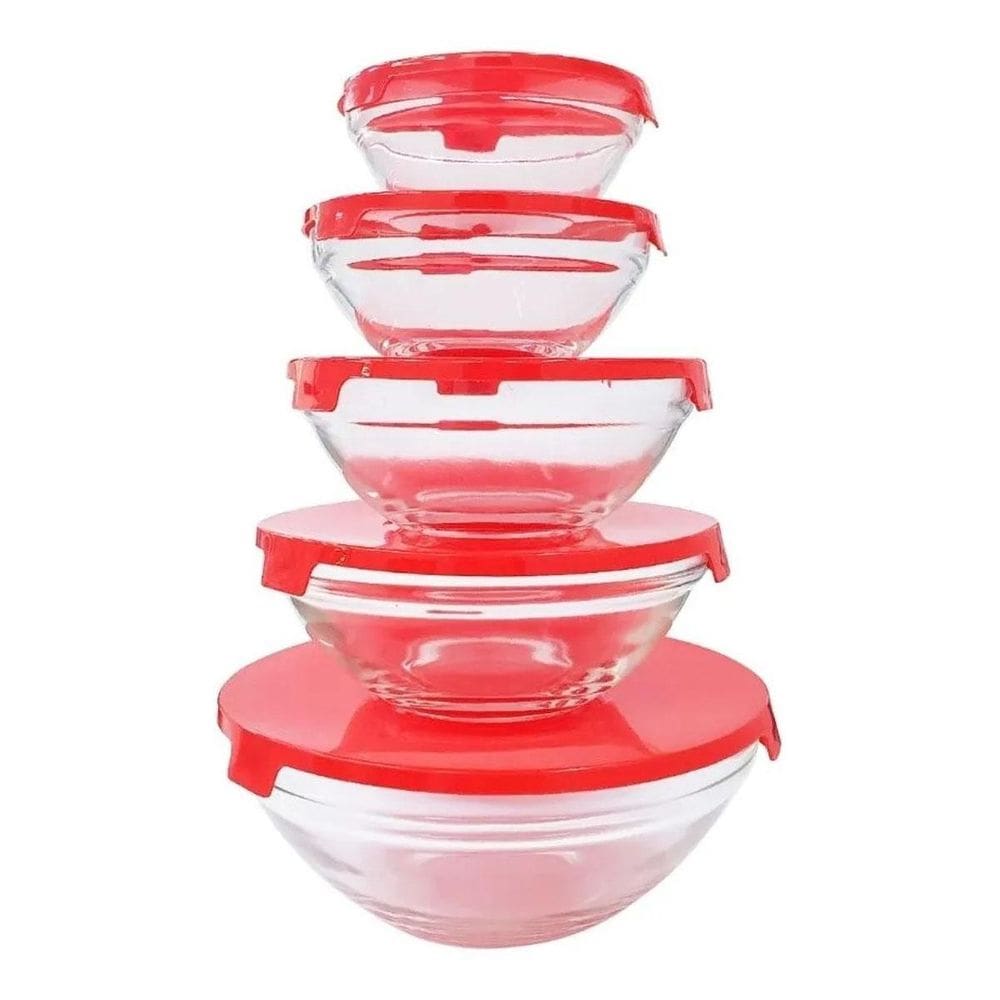 Jogo C/5 Porta Mantimentos De Vidro Tigelas Potes Com Tampa
