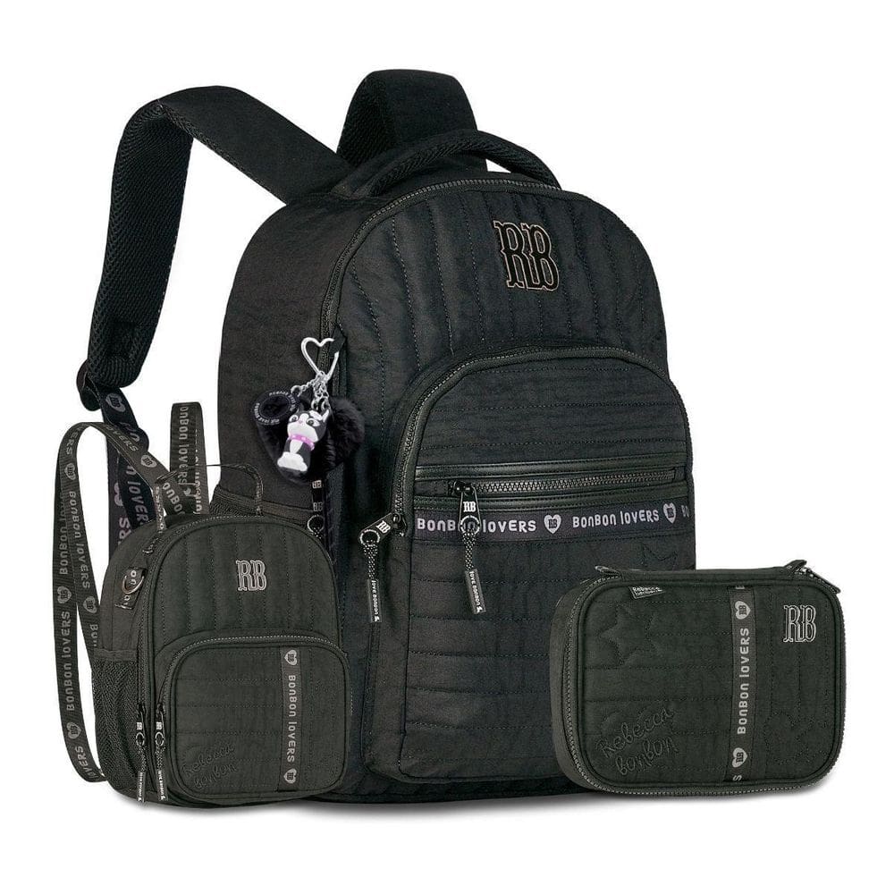 Mochila Rebeca Bonbon Kit Escolar C Lancheira E Estojo Preto