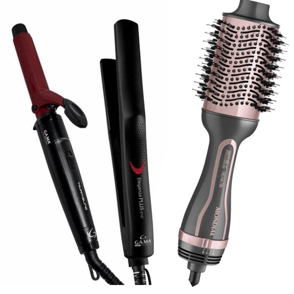 Kit Escova Secador Es-11 Mondial + Chapinha Gama + Modelador De Cachos