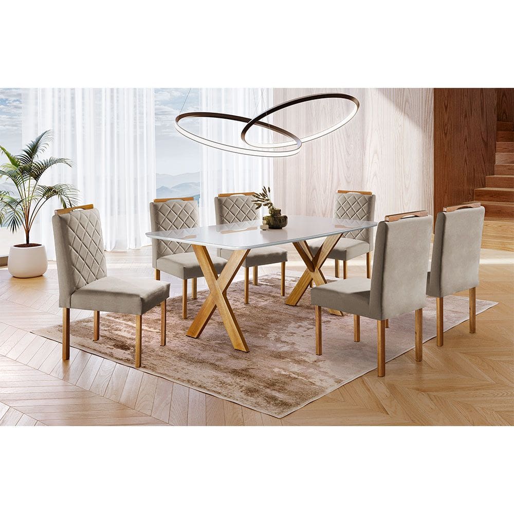 Conjunto Sala de Jantar 6 Lugares Espanha Mesa e Cadeiras Madeira Maciça Tampo Com Vidro Tecido Linho Areia