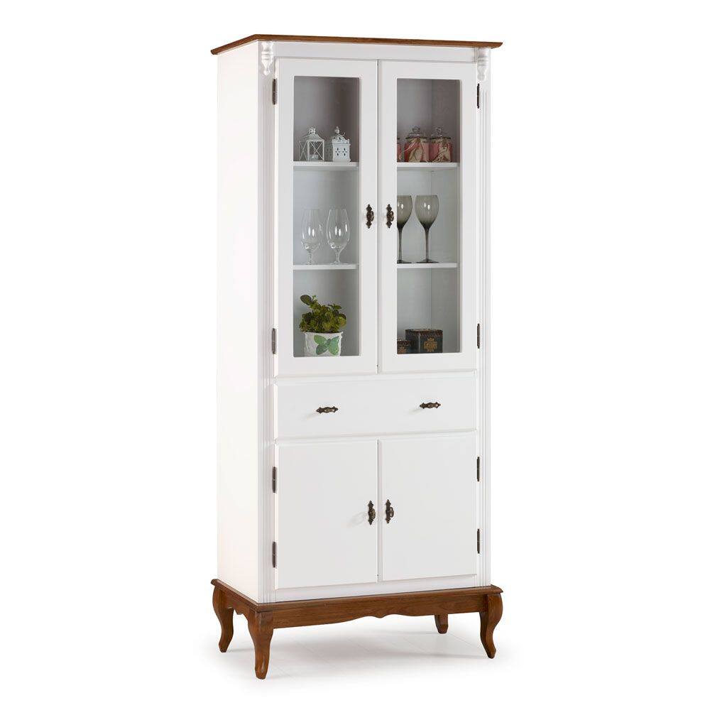 Cristaleira 4 Portas 2 Prateleiras 1 Gaveta e Pés Luiz XV 60308 Linz Móveis - Branco/Imbuia Glazer