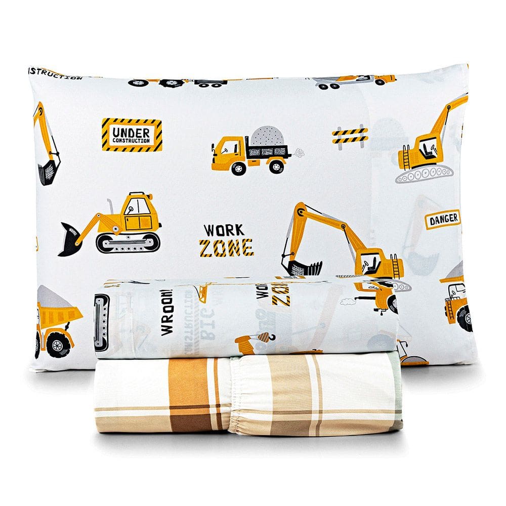 Jogo de Cama Lençol Lutti Solteiro Infantil 200 Fios Estampado 3 Peças Trator Caminhão Branco
