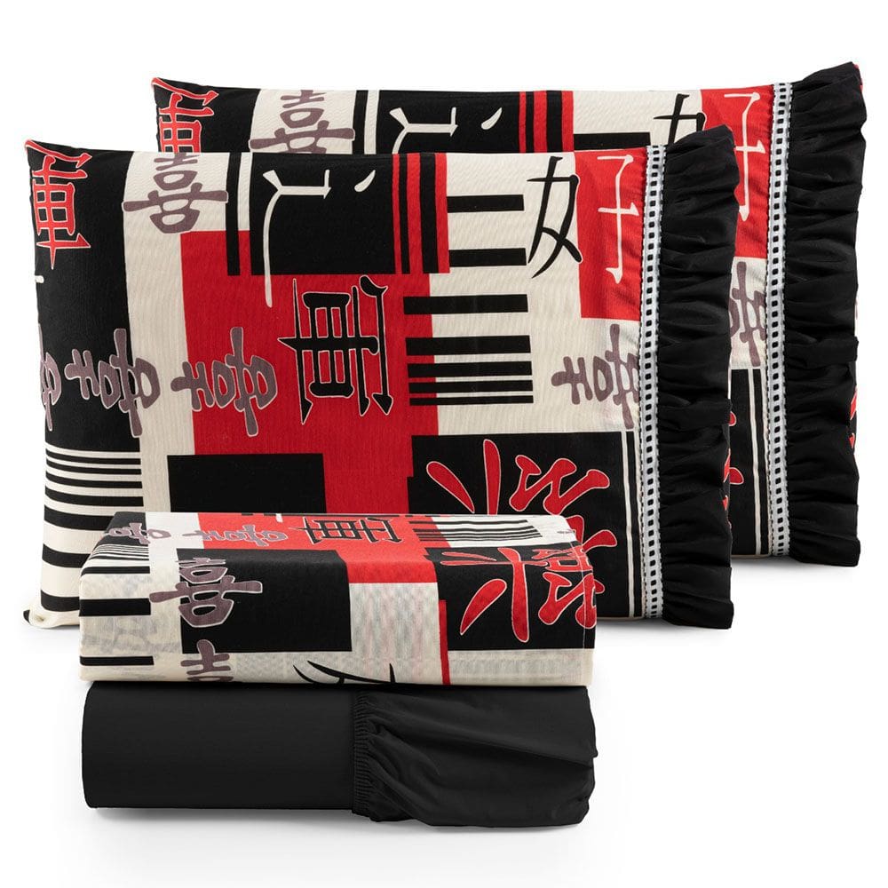 Jogo Cama Lençol Fiore King Estampado 180 Fios 100% Algodão com Babadinho 4 Peças Preto Oriental Japonês