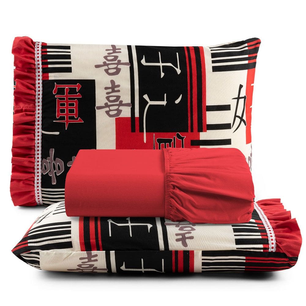 Jogo Cama Lençol Fiore King Estampado 180 Fios 100% Algodão com Babadinho 3 Peças Vermelho Oriental Japonês