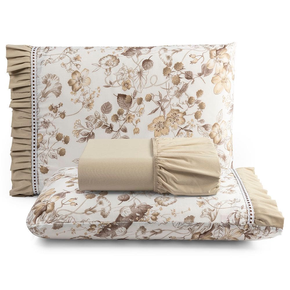 Jogo Cama Lençol Fiore King Estampado 180 Fios 100% Algodão com Babadinho 3 Peças Bege Floral