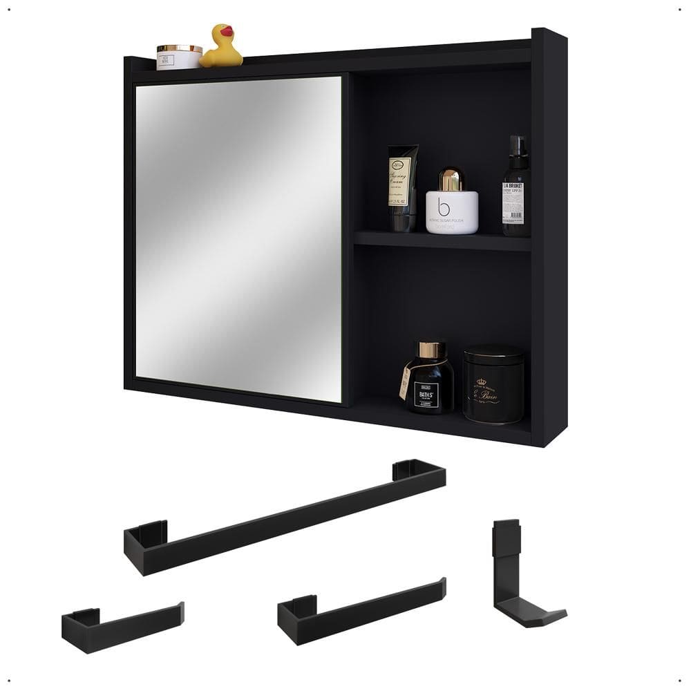 Espelheira Armário de Banheiro 1 Porta Prateleira Espelho Kit Acessórios Lavabo 4 Peças Aço Inox Preto - RPM