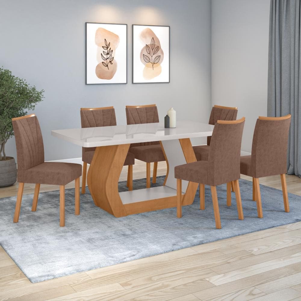 Conjunto Sala de Jantar Mesa Easy Tower 170x90cm MDF/Vidro com 6 Cadeira Armoni Couro Avelã Amendoa/off White