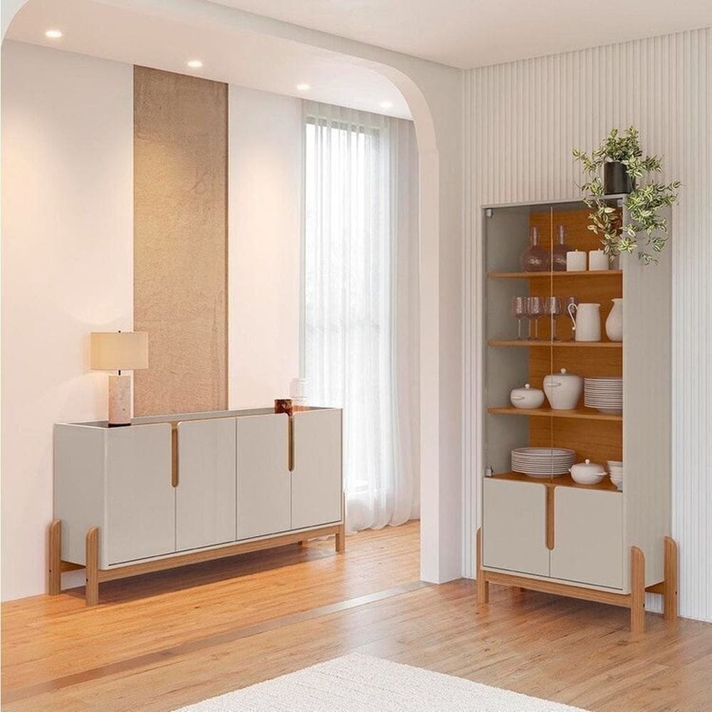 Buffet 170cm e Cristaleira com Pés de Madeira Maciça Lizz Off White / Cedro