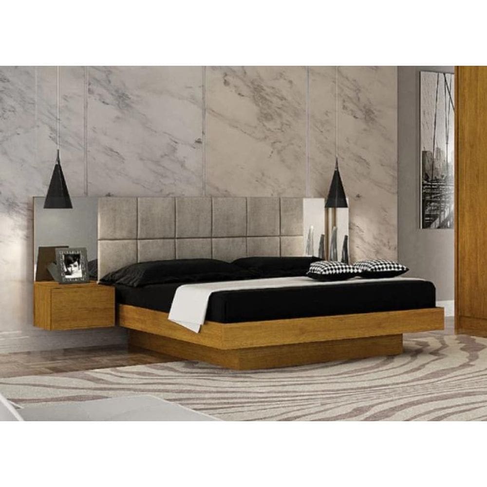 Cama Casal Braga Estofada Com Espelho 2 Mesas de Cabeceiras