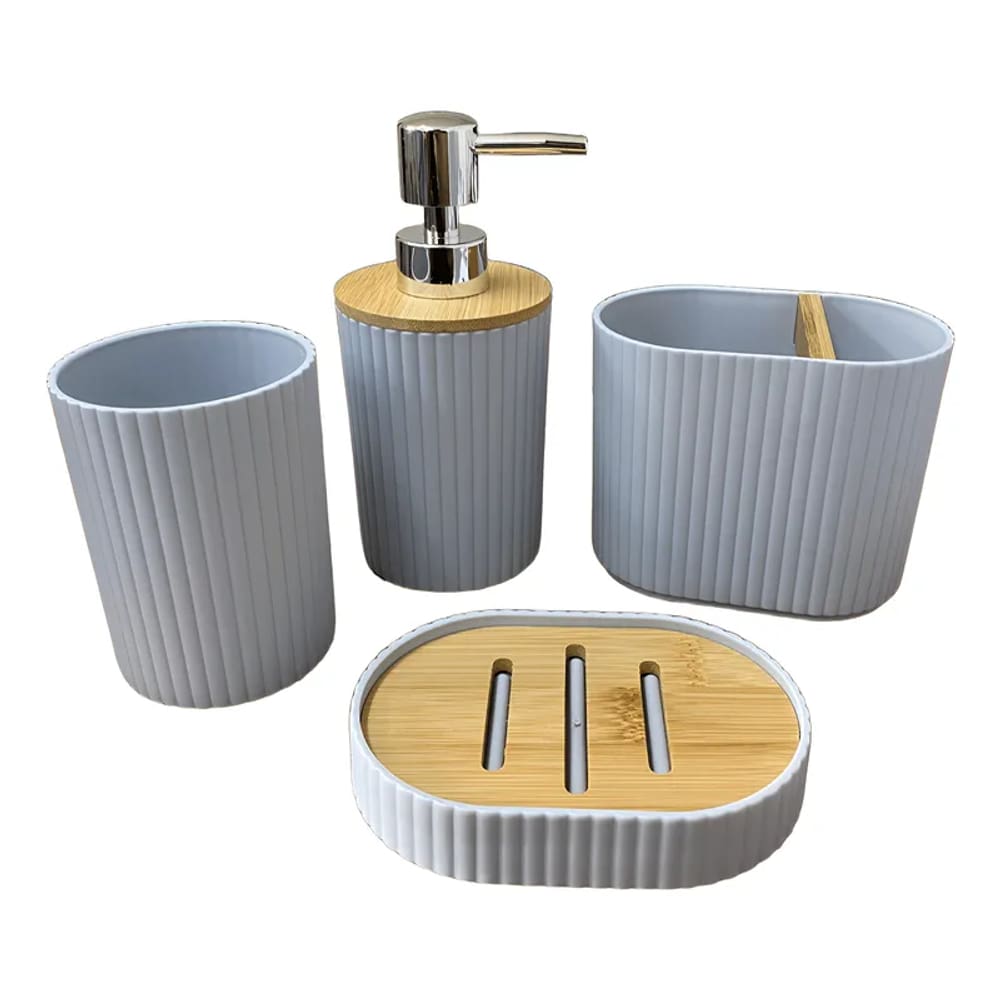 Kit Banheiro Cerâmica Saboneteira Porta Escova Bambu 3 Peças Conjunto Organização Decoração Lavabo