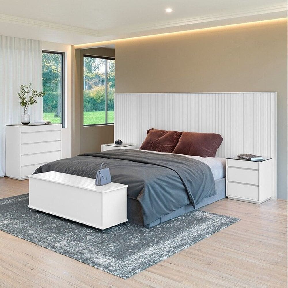 Conjunto Cabeceira Florença King/Casal + Cômoda + Mesa de cabeceira +Baú Branco