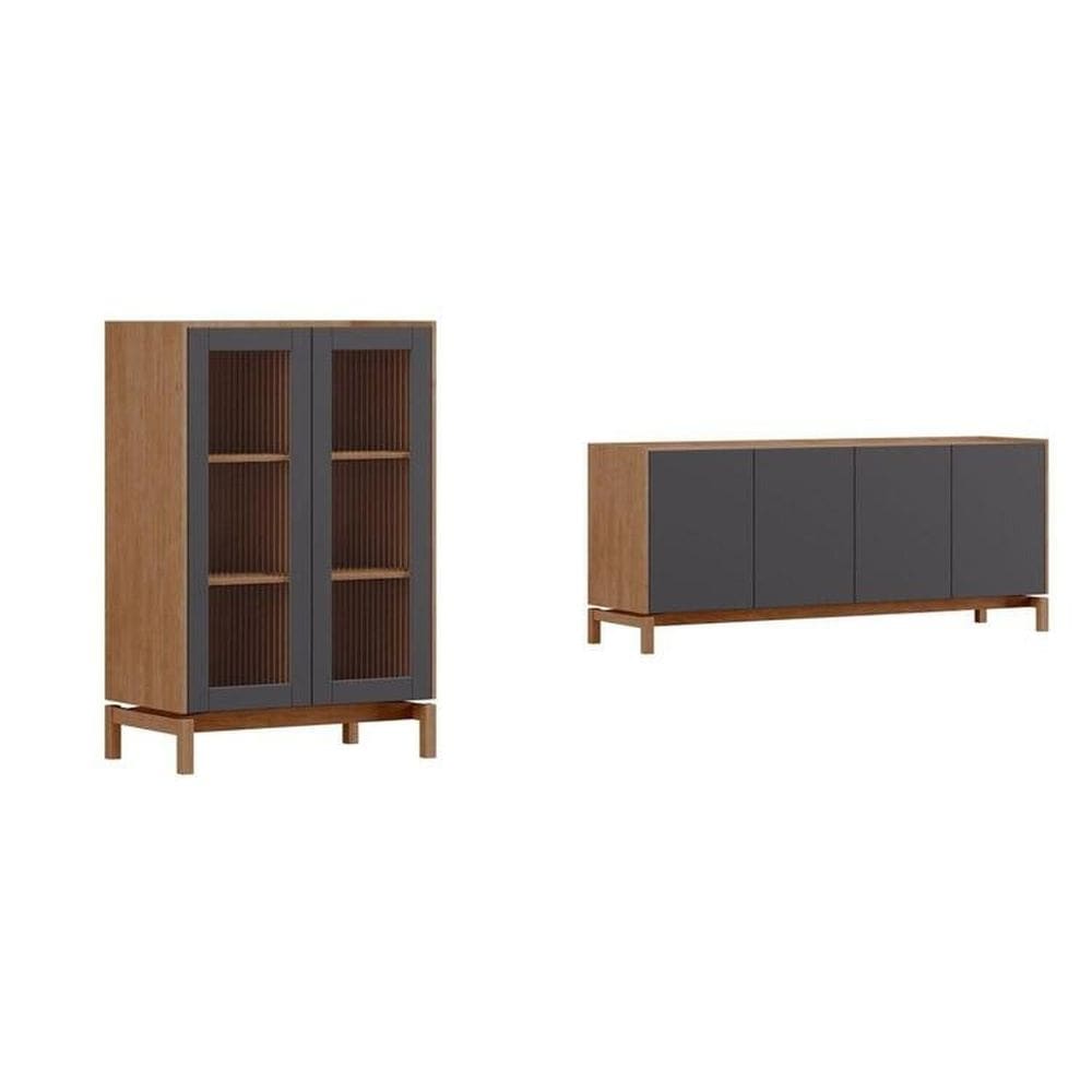 Conjunto Cristaleira 2 Portas + Balcão 4 Portas em Madeira Maciça - Linha Barcelona Tauari/Concret
