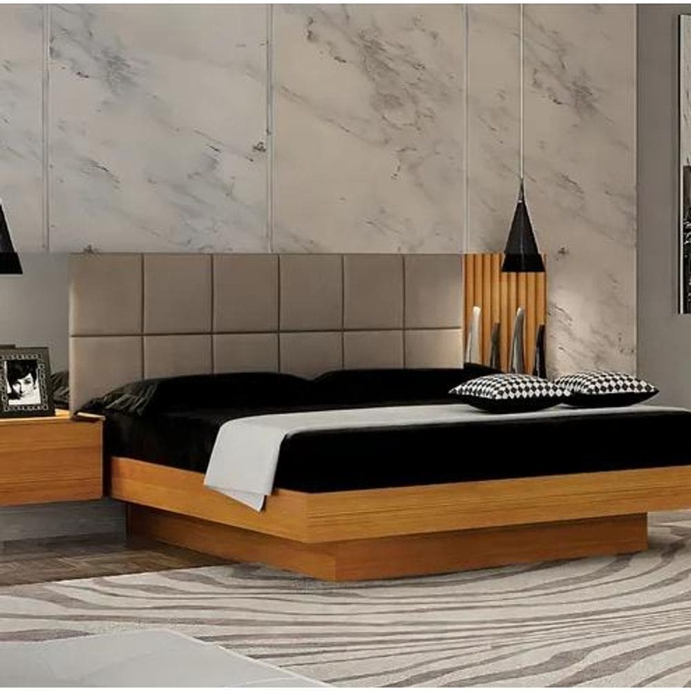 Cama Casal Braga Estofada Com Espelho 2 Mesas de Cabeceiras