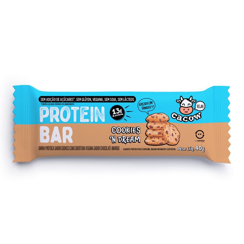 Barra de Proteína Vegana Protein Bar Cacow Sabor Cookies`n Dream com 13g de Proteína 40g