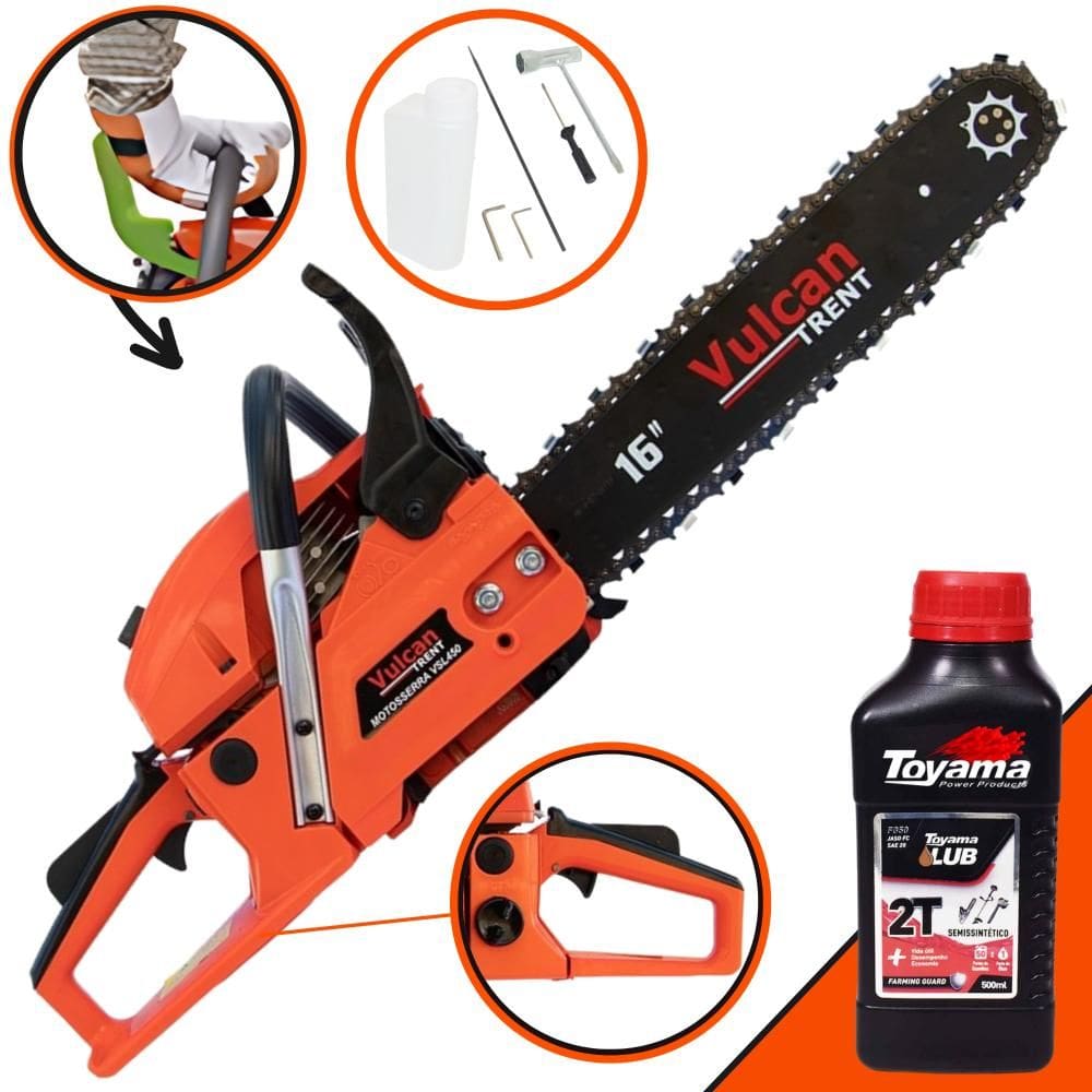 Moto Serra Motosserra À Gasolina Vulcan VSL-450 45cc 2,3HP Sabre 16 Polegadas Ponta Rolante, Leve e de Alto Desempenho + ÓLEO TOYAMA 2 TEMPOS