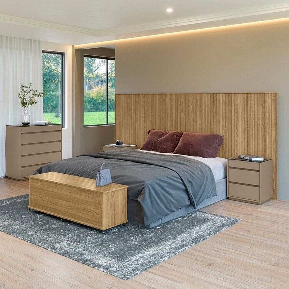 Conjunto Cabeceira Florença Queen/Casal + Cômoda + Mesa de cabeceira+ Baú Hannover / Cinza