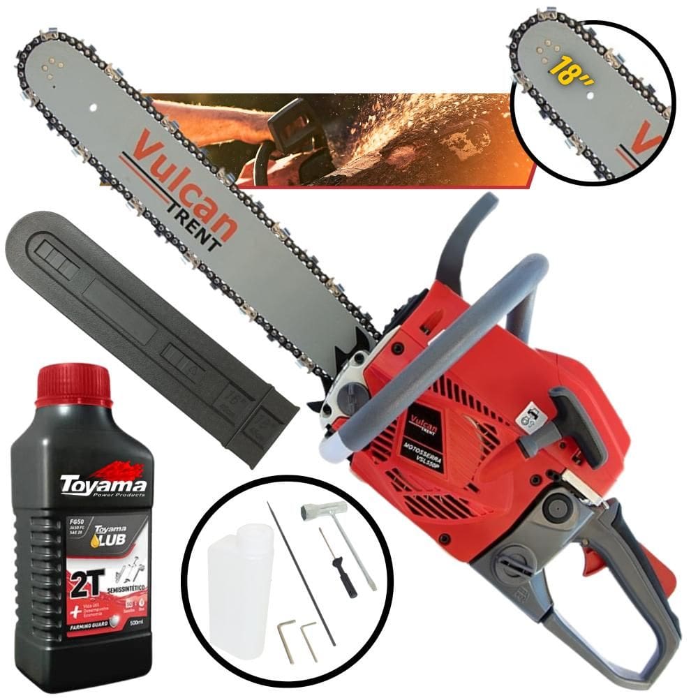 Motor Serra Moto Serra Motosserra À Gasolina VSL550P Vulcan 55cc 3,35HP 13.000rpm Sabre 18’’ Ponta Rolante, Alto Desempenho + ÓLEO TOYAMA 2T
