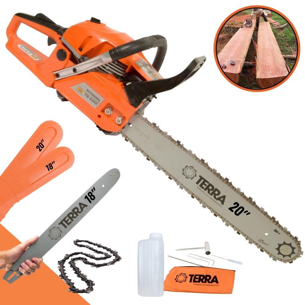 Motosserra À Gasolina Terra MT520 52cc 2,5HP Alta Rotação Profissional Com Sabres 18 e 20 Polegadas Robusta e Resistente Para Corte de Árvores