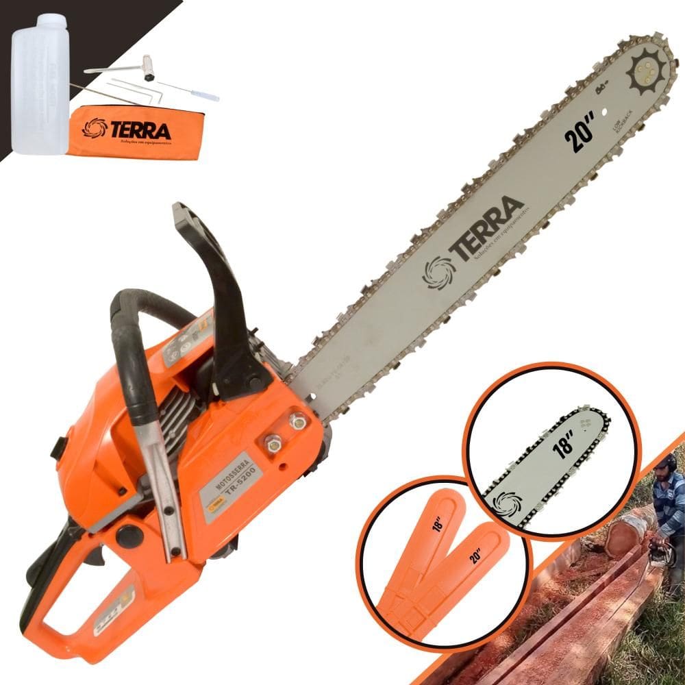 Motosserra Profissional À Gasolina Terra MT520 52cc 2,5HP Alta Rotação Sabres 18 e 20 Polegadas Ideal Para Para Todos os Tipos de Trabalhos