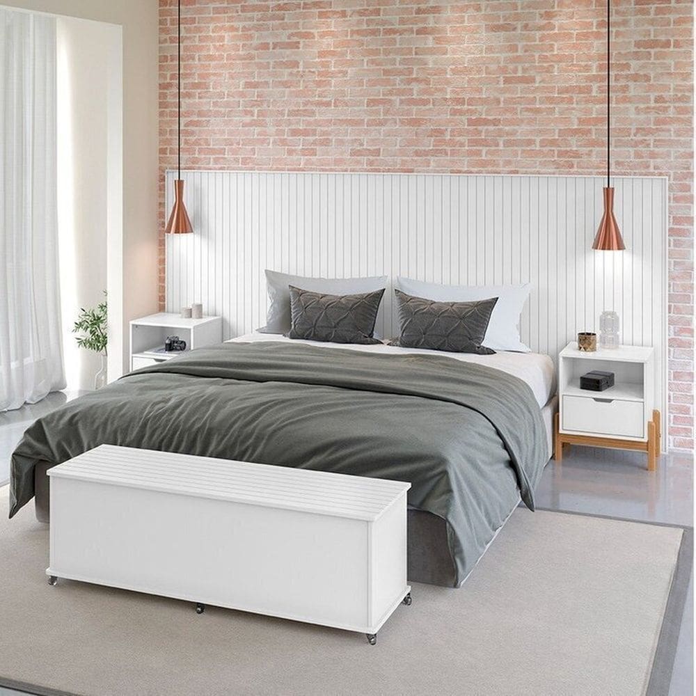 Conjunto Cabeceira King/Casal - Baú + Mesa de Cabeceira Branco