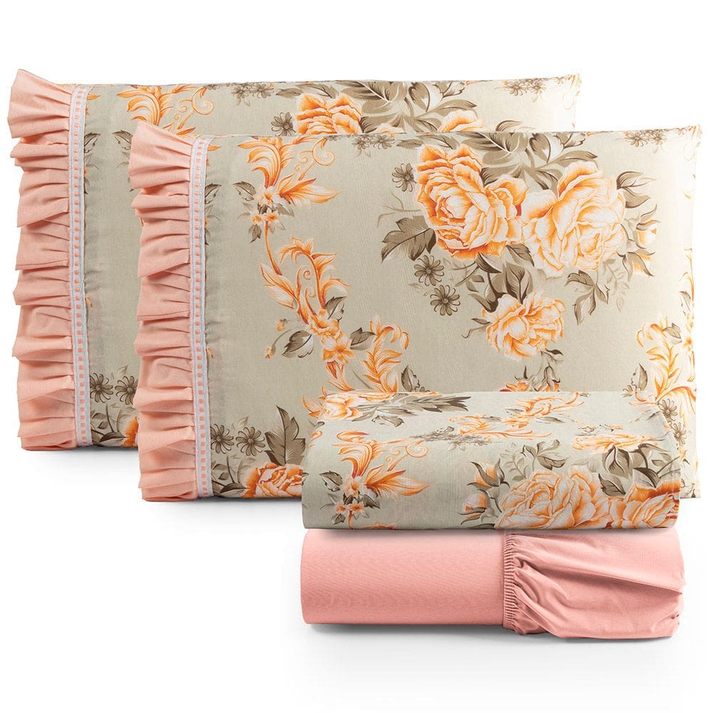 Jogo Cama Lençol Fiore Queen Estampado 180 Fios 100% Algodão com Babadinho 4 Peças Salmão Floral