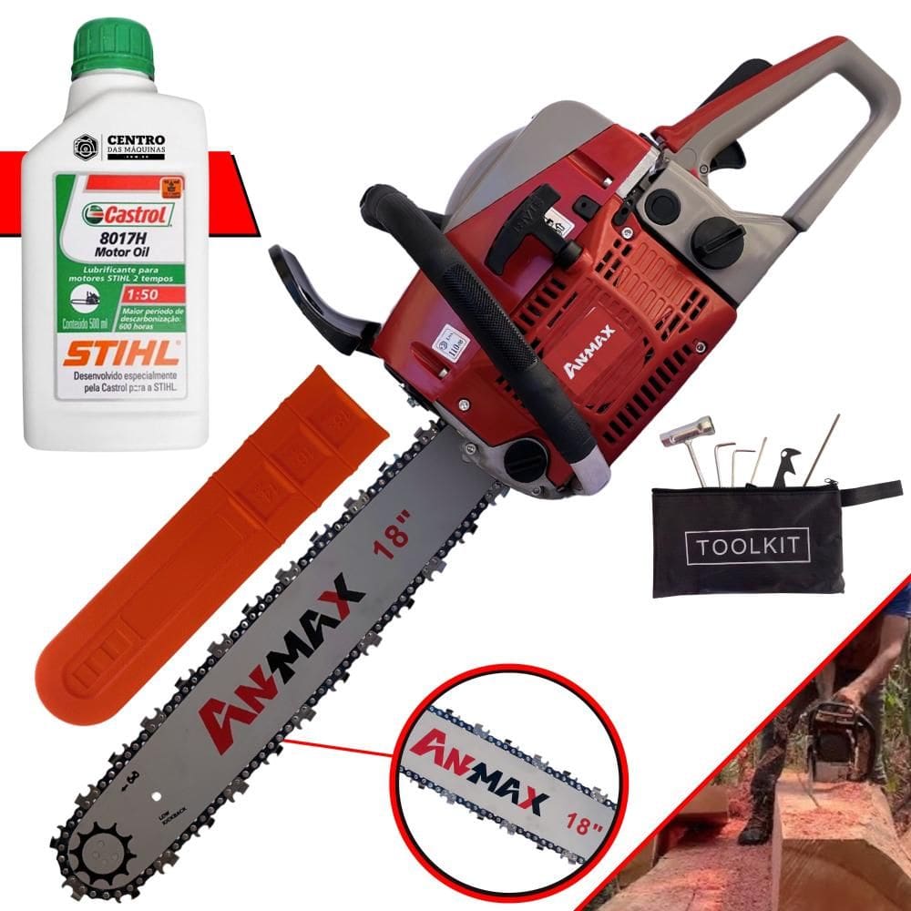 Motosserra Motor Serra Anmax CS5200-B À Gasolina Motor 2T 52cc 2,7HP de Potência 11.000rpm Sabre 18’` Ponta Rolante Alto Desempenho + ÓLEO STIHL 2T