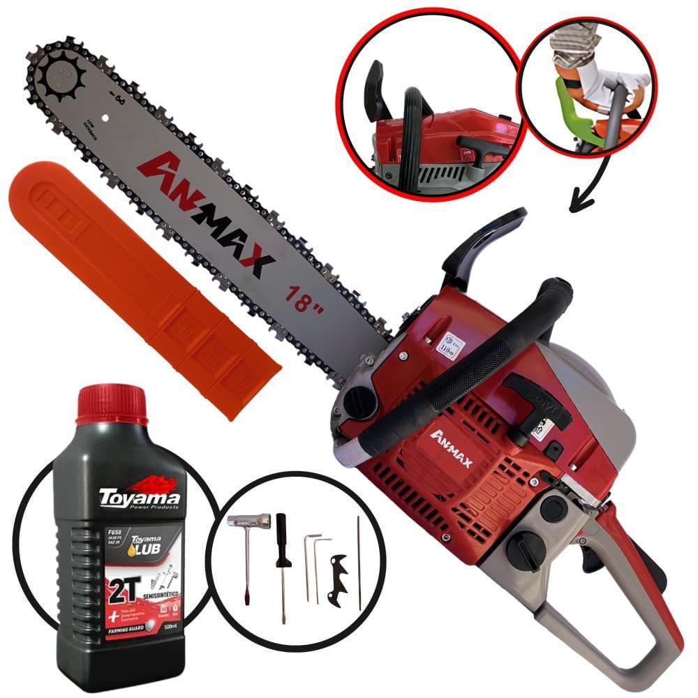 Motosserra Robusta Anmax CS5200-B À Gasolina Motor 2T 52cc 2,7HP de Potência 11.000rpm Com Sabre 18 Polegadas Corrente 32 Dentes + ÓLEO TOYAMA 2T