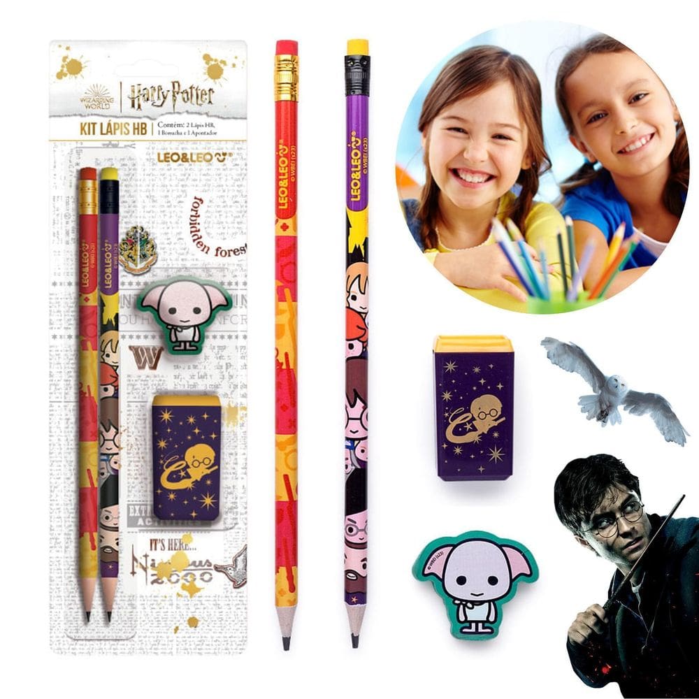 Kit Escolar Com 2 Lápis Hb Apontador E Borracha Harry Potter