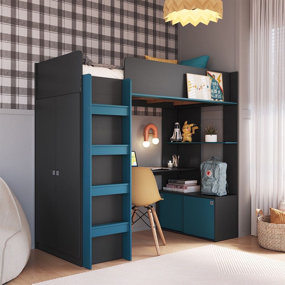 Cama Elevada Multifuncional com Armário e Escrivaninha BI030 Linha Infanto Grafite Azul Secreto Completa Móveis