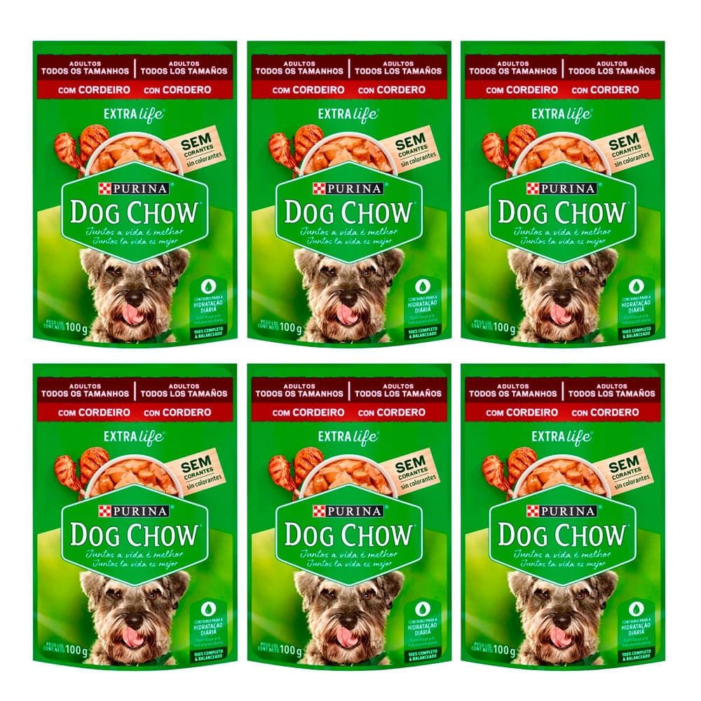Kit 6 Ração para Cães Dog Chow Purina Extra Life Adultos Sabor Cordeiro Sachê 100g