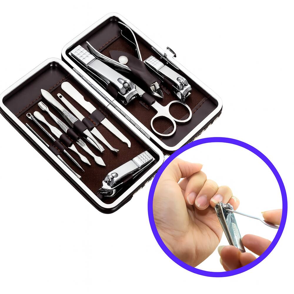 Kit Manicure e Pedicure Profissional 12 Peças Aço Inox Estojo Premium