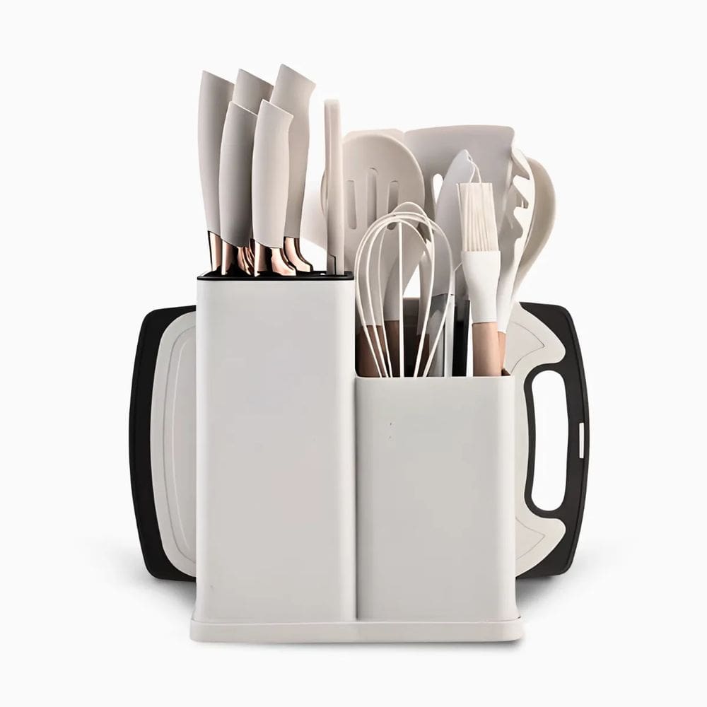 Kit 19 Pçs Utensílios de Silicone + Jogo de Facas Profissionais Antiaderente Alta Temperatura Branco