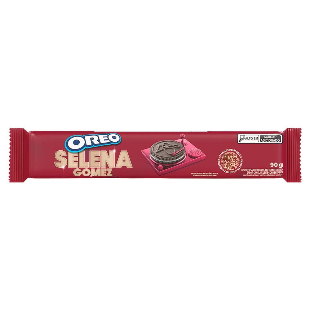Biscoito Recheado Oreo Selena Gomez Chocolate Recheio Canela e Leite Condensado 90g