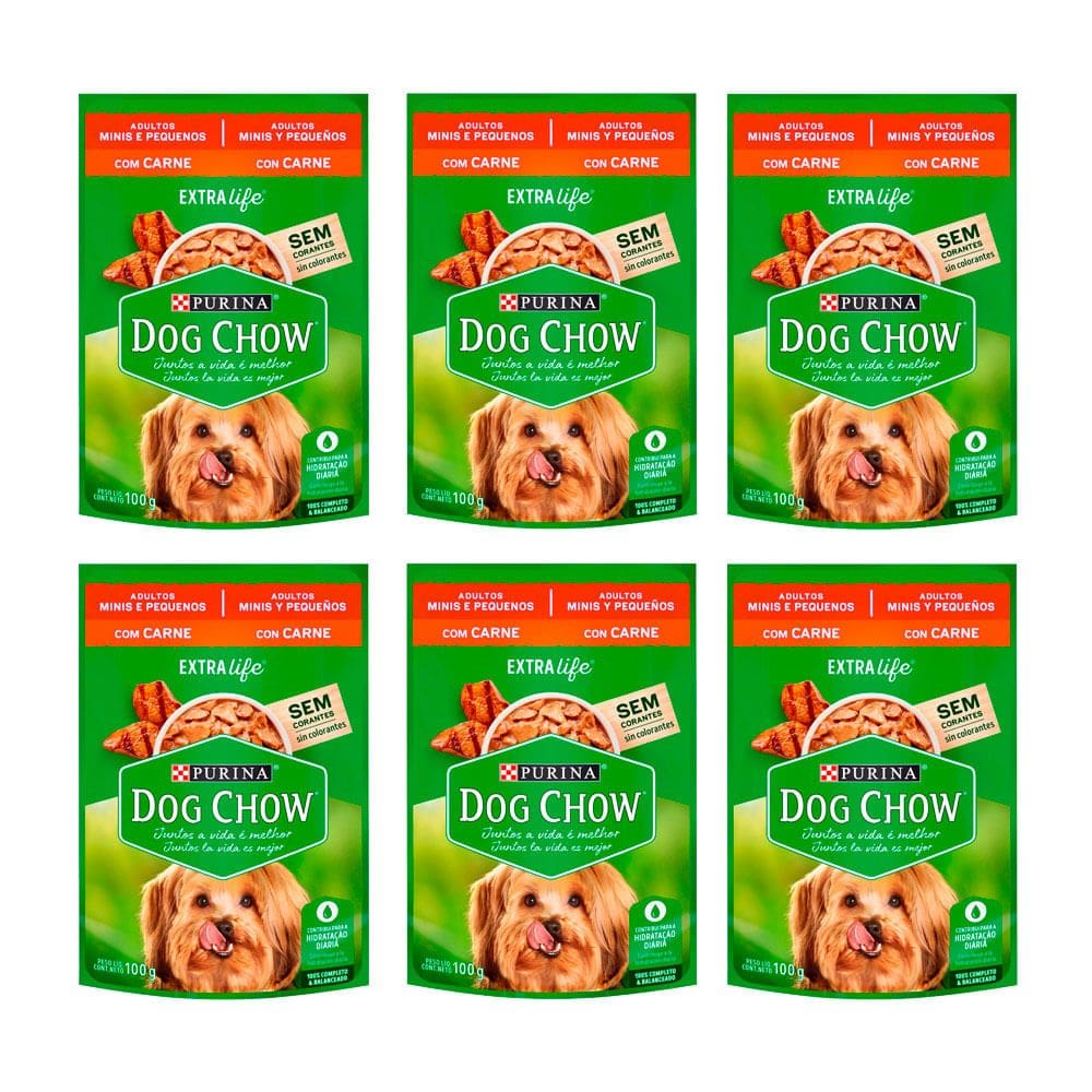 Kit 6 Ração para Cães Dog Chow Adulto Raças Pequenas Sachê Sabor Carne ao Molho 100g