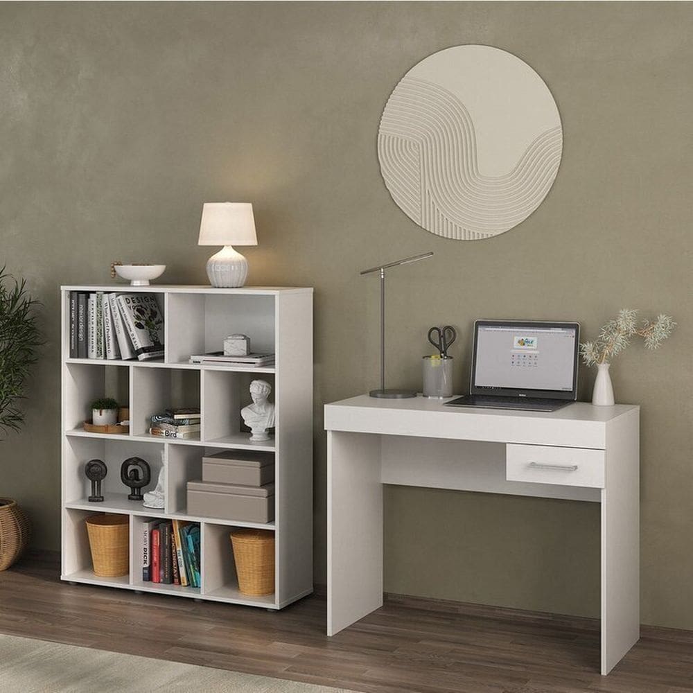 Conjunto escrivaninha Cooler e estante Book com diversos nichos Branco