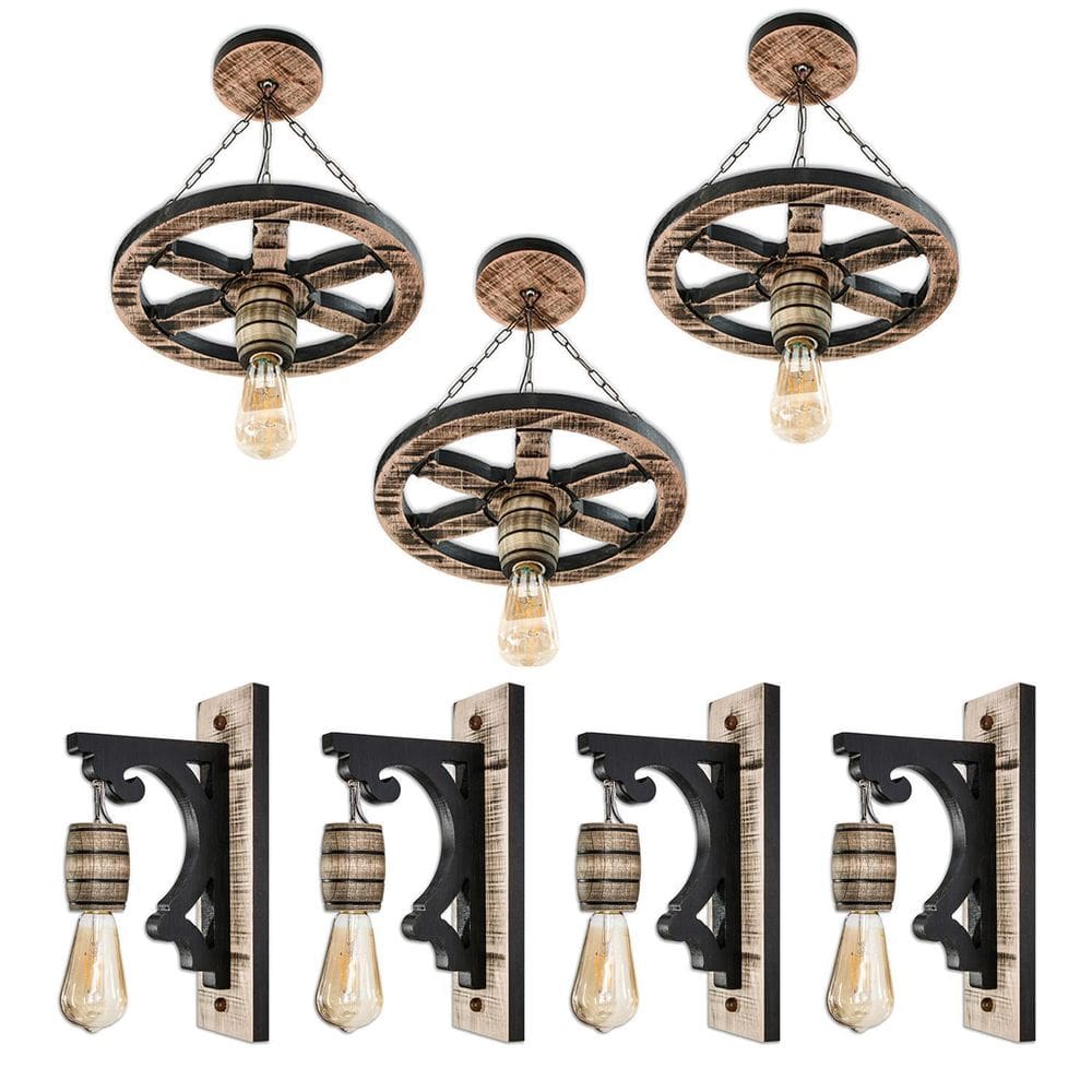 Kit Luminárias Roda De Carroça E Arandelas Colonial Madeira