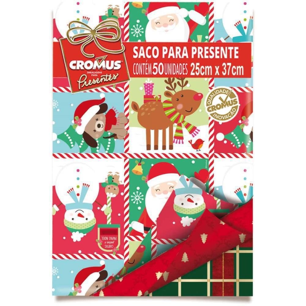 Saco Metalizado 25X37Cm Natal Pacote Com 50